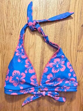 Halter Bikini Top in Blue with Pink Floral Print